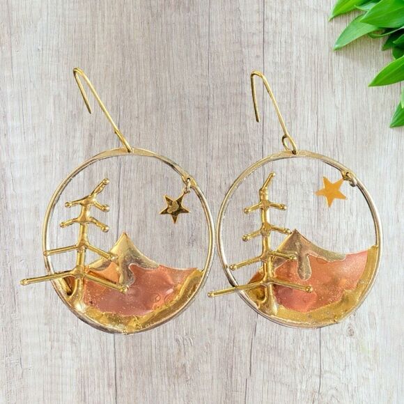 Handmade Copper Earrings Wilderness Trees Mountains - Picture 1 of 10